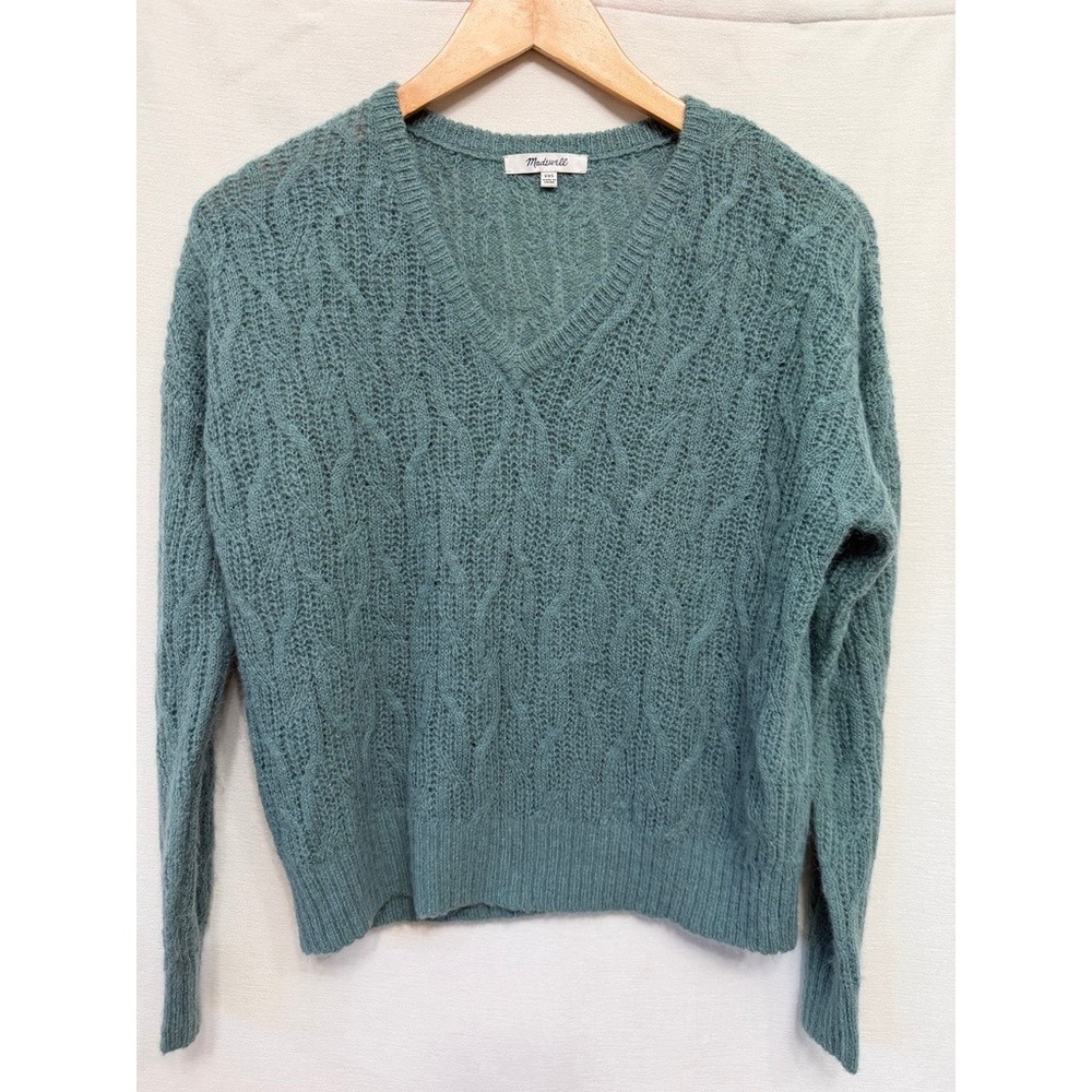 Madewell Alpaca Wool Blend Cable Knit V-Neck Sweater Sage Green Boxy Slouchy XXS